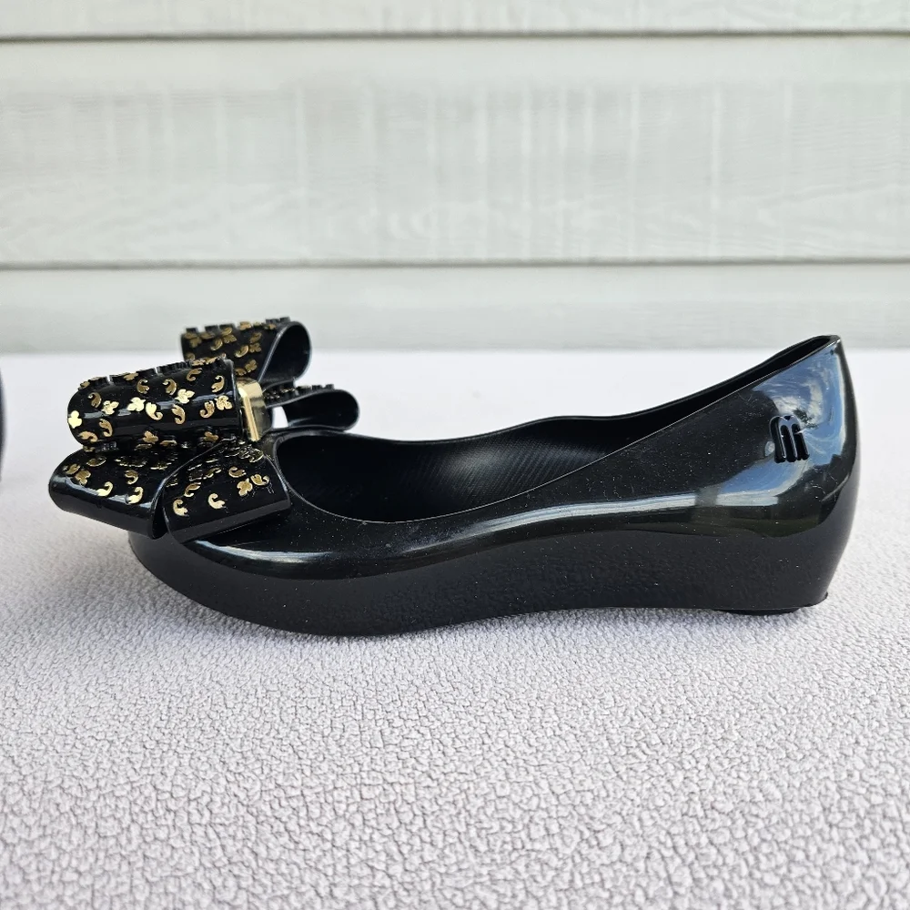 Melissa Mini Mel Ultragirl Sweet XVI Black Gold Jelly Flat Bow Girl SZ 11 Formal